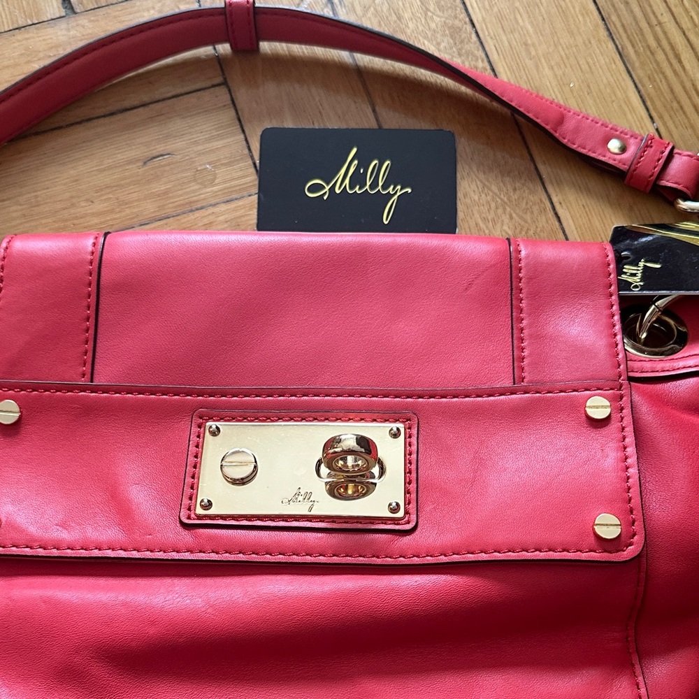 Milly Pink-Red Leather Shoulder Bag with Gold-Tone Hardware